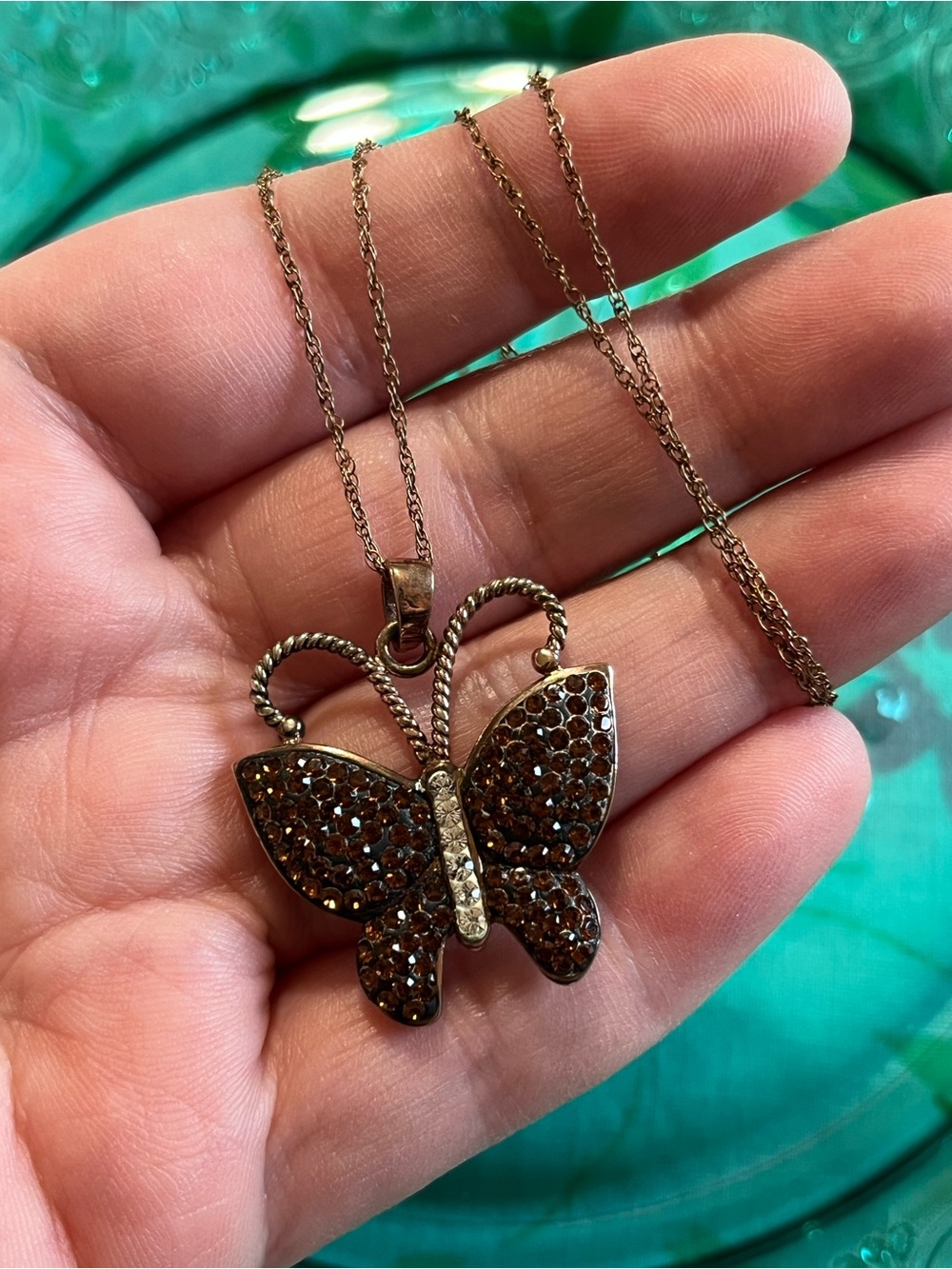 Vintage Y2K Sterling Silver 925 Rhinestone Bronze Butterfly Pendant Necklace
